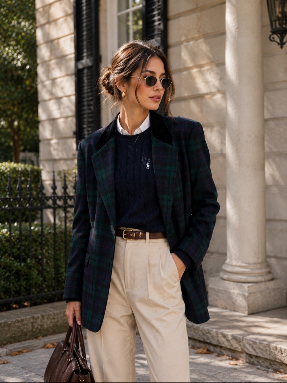 Vintage Sag Harbor Plaid Wool Blend Blazer Size 16 Navy Green Oversized